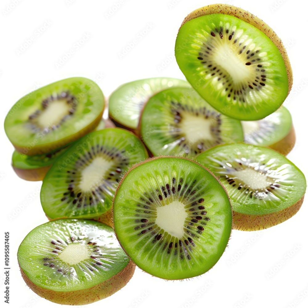 Kiwi fruit slices flying in the air isolated on white background. Kiwi fruit slices flying in the air isolated on white background.