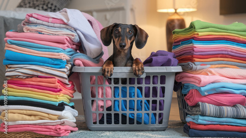 A cute brown Dachshund peeks out of a laundry basket surrounded by piles of freshly folded clothes, creating a playful and cozy home atmosphere. photo