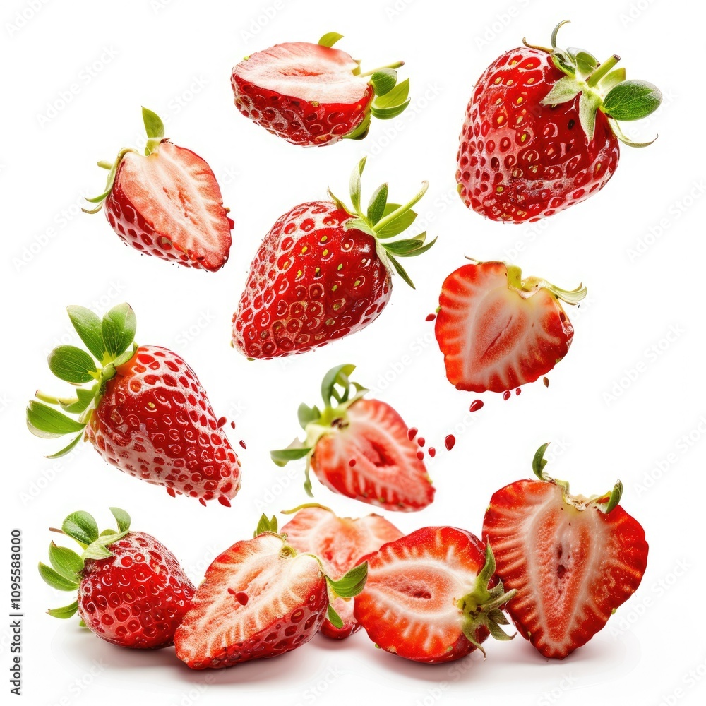 Flying strawberries and falling sliced strawberry on white background. Flying strawberries and falling sliced strawberry on white background.
