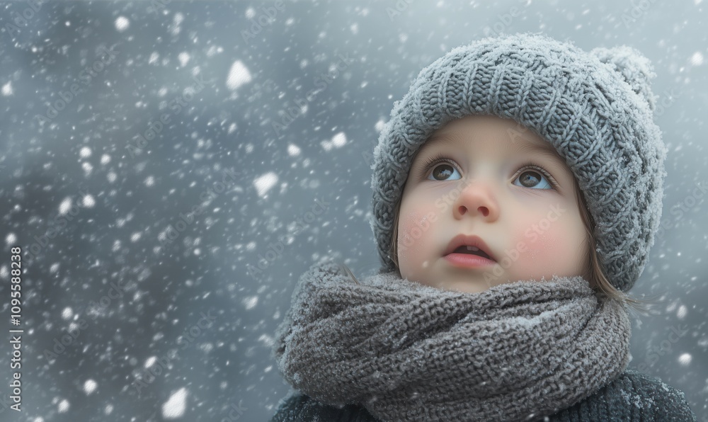 Child in winter wonderland, gazing at falling snowflakes, wearing knitted hat and scarf, soft expression, snowy background Child in winter wonderland, gazing at falling snowflakes, wearing knitted hat and scarf, soft expression, snowy background