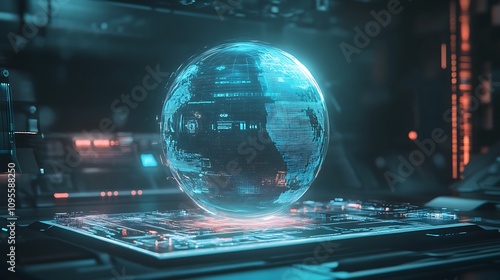 Futuristic holographic globe levitating on a technological platform.