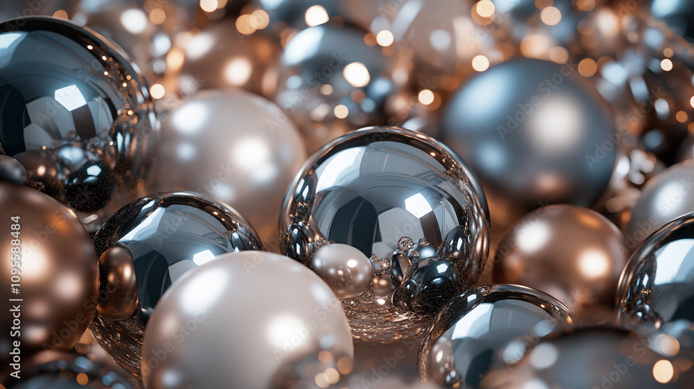 A pile of metallic glass ornaments, with glitter on them in large and small sizes, Christmas tree toys arranged to create a festive atmosphere for Christmas