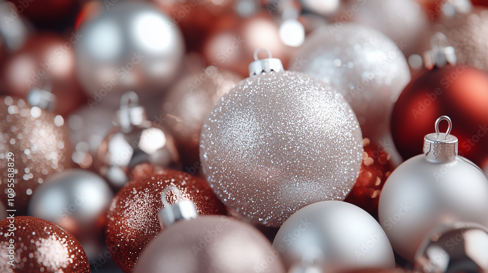 A pile of metallic glass ornaments, with glitter on them in large and small sizes, Christmas tree toys arranged to create a festive atmosphere for Christmas A pile of metallic glass ornaments, with glitter on them in large and small sizes, Christmas tree toys arranged to create a festive atmosphere for Christmas