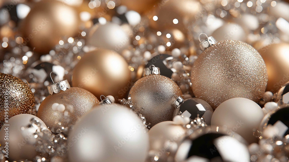 A pile of metallic glass ornaments, with glitter on them in large and small sizes, Christmas tree toys arranged to create a festive atmosphere for Christmas A pile of metallic glass ornaments, with glitter on them in large and small sizes, Christmas tree toys arranged to create a festive atmosphere for Christmas