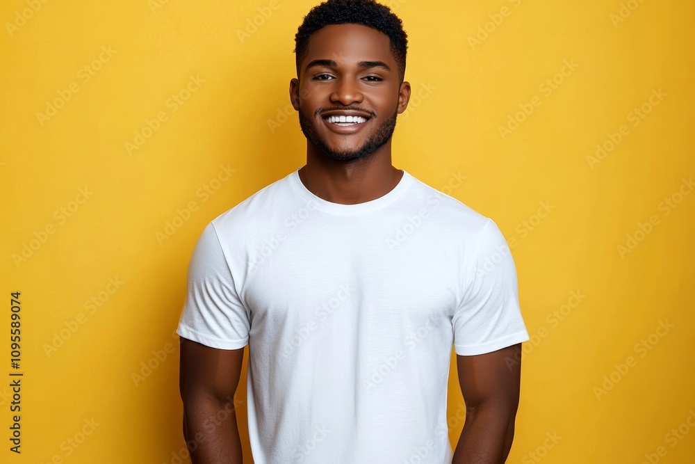 Young Black Man Smiling in Plain White T-Shirt Against Yellow Background Portrait Young Black Man Smiling in Plain White T-Shirt Against Yellow Background Portrait