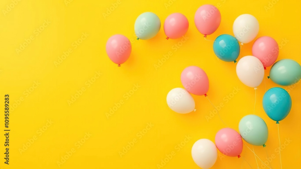 Flat style balloons in a spiral shape on a yellow background resembling a sun, birthday party decorations, flat style balloons Flat style balloons in a spiral shape on a yellow background resembling a sun, birthday party decorations, flat style balloons