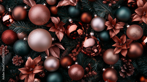 A pile of metallic glass ornaments, with glitter on them in large and small sizes, Christmas tree toys arranged to create a festive atmosphere for Christmas