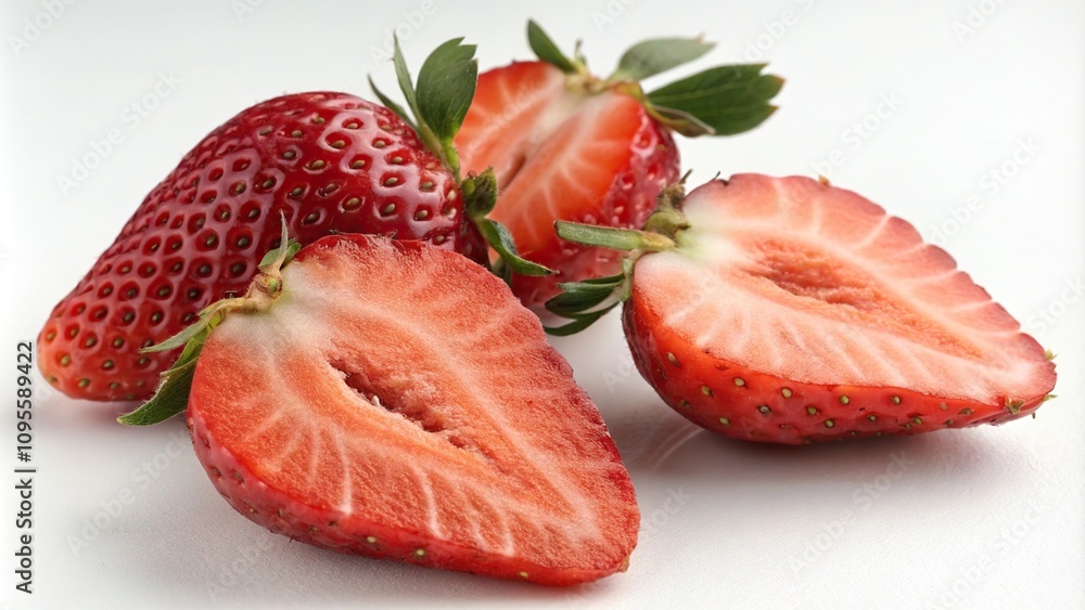 Fresh strawberries sliced in half to reveal their juicy interior, food, cutting, slicing, fruit Fresh strawberries sliced in half to reveal their juicy interior, food, cutting, slicing, fruit
