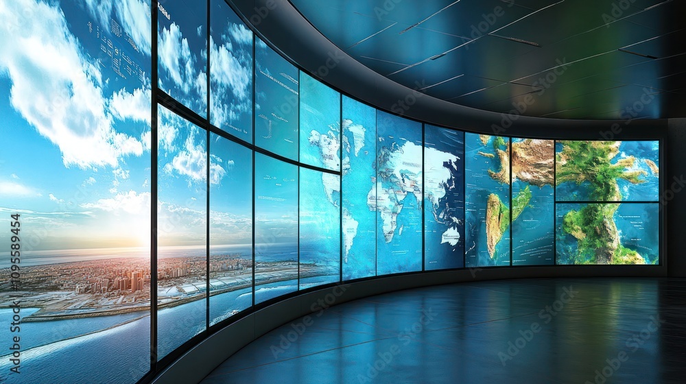 Fototapeta premium A curved wall of screens display a city skyline, clouds and a world map.