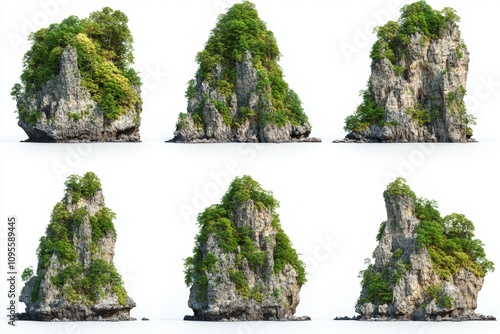 collection of rugged rocky islands covered in lush green vegetation on white background