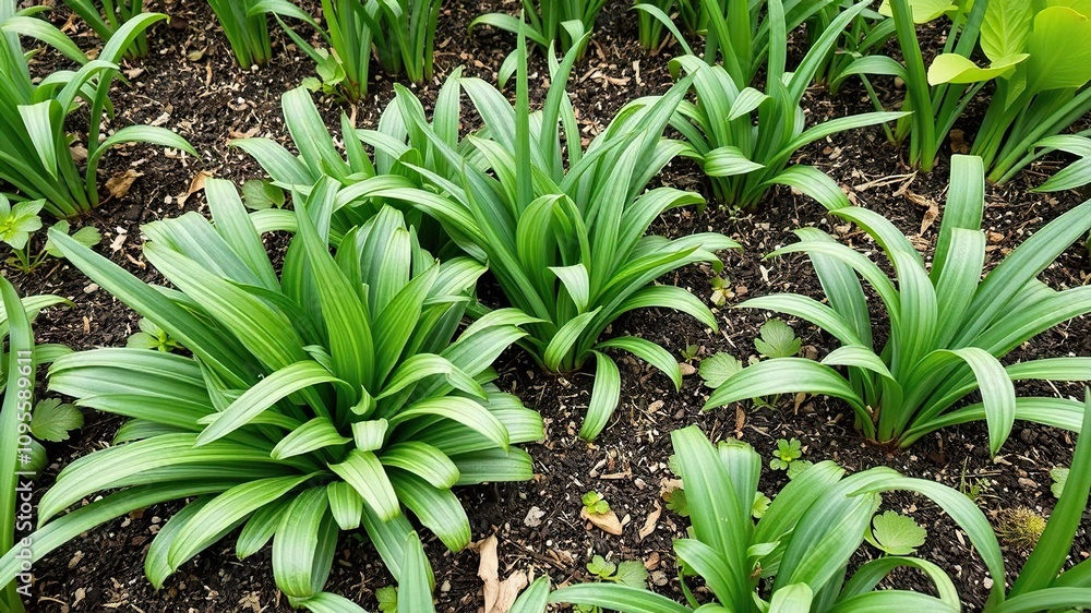 Obraz premium Garden bed with multiple layers of onion green leaves growing amidst other plants, layered composition, greenery