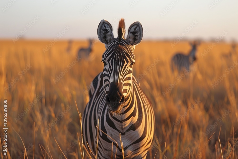 Fototapeta premium Zebra standing in tall grass with other zebras in the background, animal background