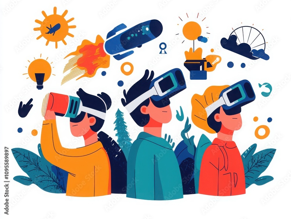 Naklejka premium Innovative students exploring virtual reality in a bright classroom setting engaging in interactive learning digital art educational environment creative perspective