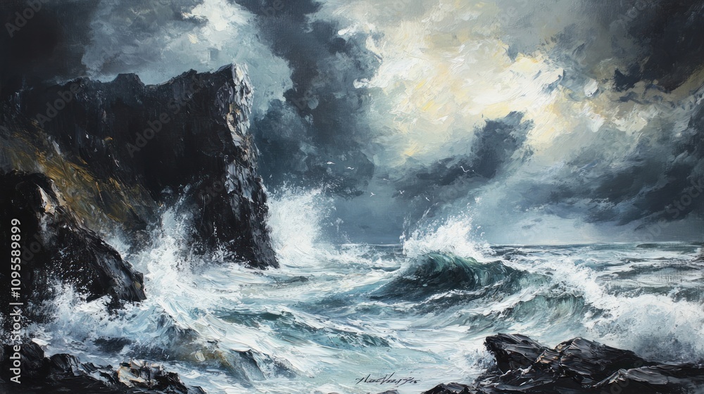 A dramatic seascape with crashing waves against a rocky coastline under a stormy sky. A dramatic seascape with crashing waves against a rocky coastline under a stormy sky.