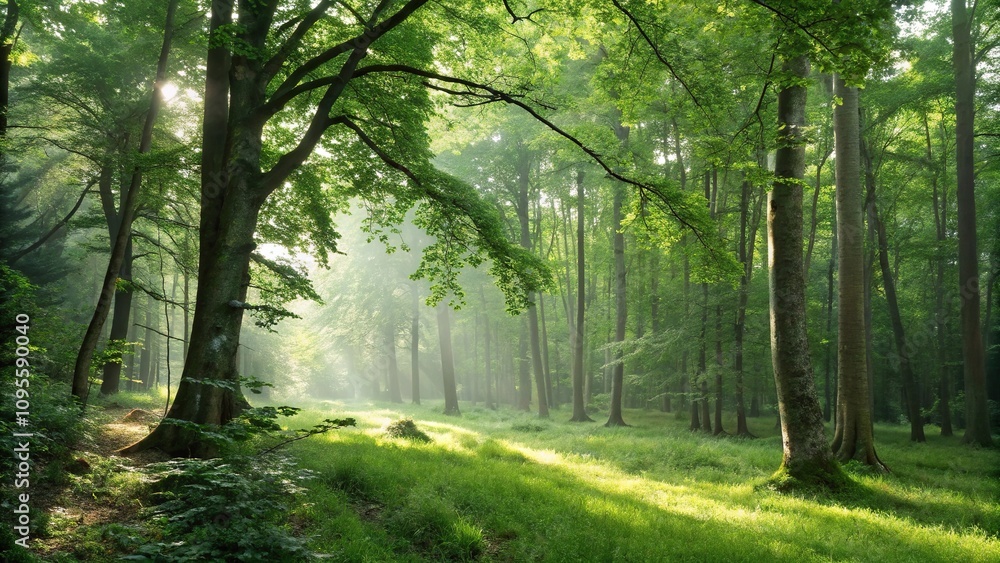 Fototapeta premium Green forest glade with sunlight filtering through trees, tree leaves, peace and quiet, sunlight filtering