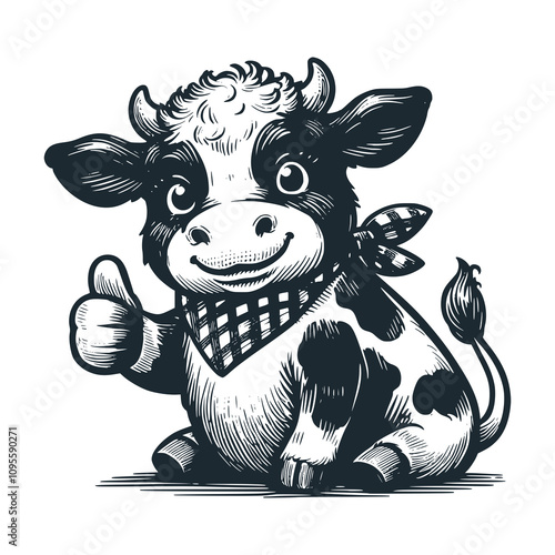 Small horned cow gives thumbs up. Black white vector illustration.