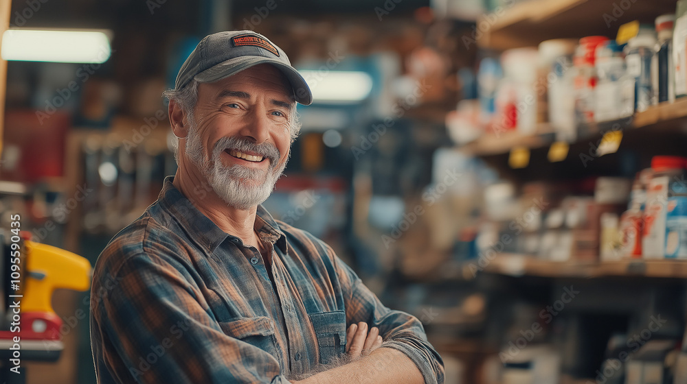 A friendly hardware store clerk with a smile, standing confidently at the counter. Surrounded by tools and supplies, he embodies expertise and customer service in a bustling work environment. A friendly hardware store clerk with a smile, standing confidently at the counter. Surrounded by tools and supplies, he embodies expertise and customer service in a bustling work environment.