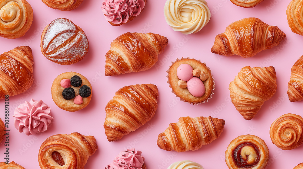 Top-down view of a delicious assortment of fresh pastries including croissants on a vibrant pink background. Perfect for illustrating bakery delights or breakfast concepts in vivid, appetizing detail. Top-down view of a delicious assortment of fresh pastries including croissants on a vibrant pink background. Perfect for illustrating bakery delights or breakfast concepts in vivid, appetizing detail.