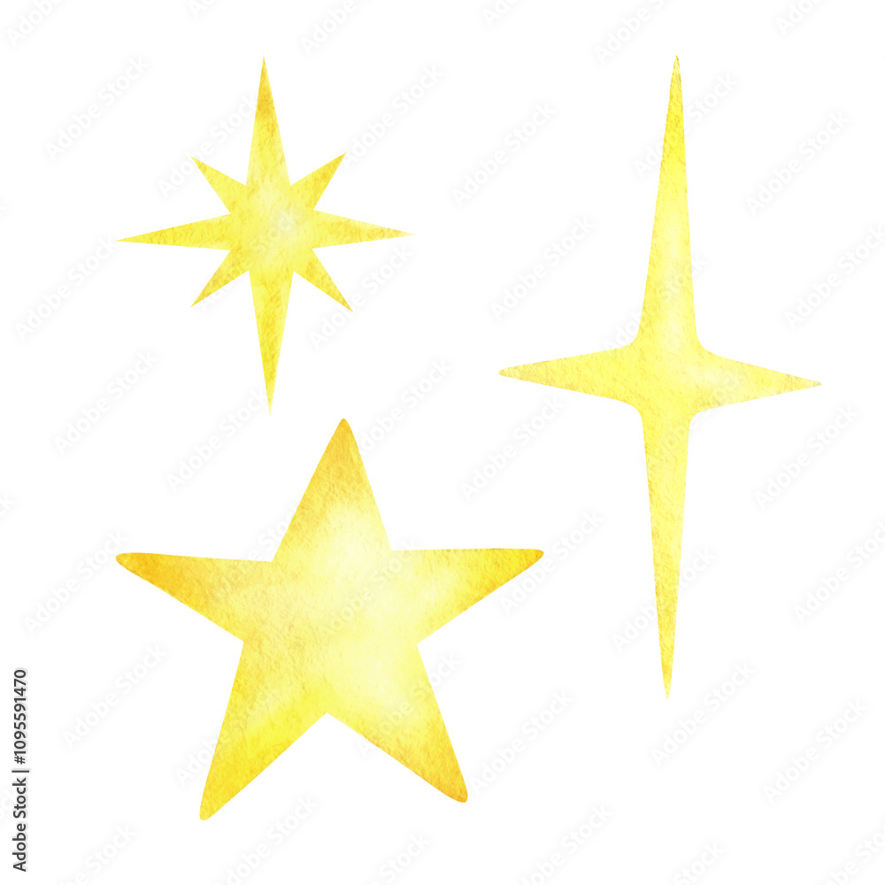 Stars five-pointed, four-pointed and eight-pointed, golden and yellow set of three twinkling and sparkling elements. Hand drawn watercolor isolated illustration for greeting card and festive designs. Stars five-pointed, four-pointed and eight-pointed, golden and yellow set of three twinkling and sparkling elements. Hand drawn watercolor isolated illustration for greeting card and festive designs.