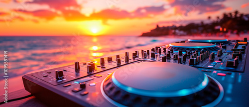 Dj turntable at the beach with sunset in the background