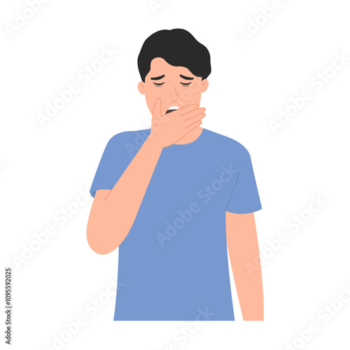 Man feels very sleepy and tired and lazy to get up. body is exhausted. Yawning from lack of sleep. male feels bored and lacks energy. Vector illustration 