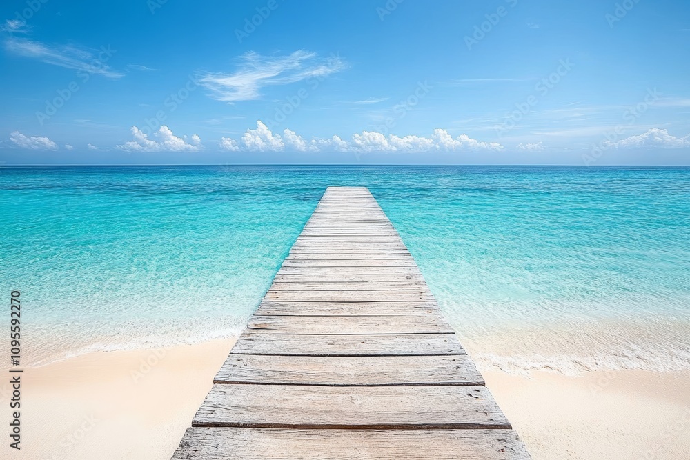 Tropical Island Vacation on a Serene Beach with Turquoise Ocean and Wooden Pier Tropical Island Vacation on a Serene Beach with Turquoise Ocean and Wooden Pier