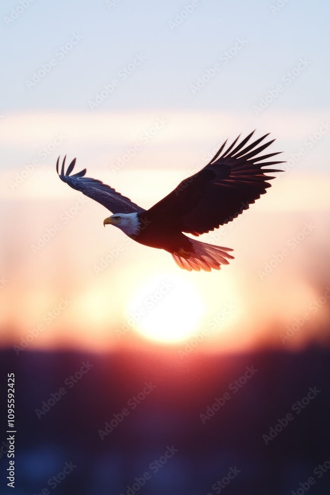 Obraz premium Eagle Flying High in the Sky at Sunrise with Majestic Wings Spreading Against a Bright Sun and Beautiful Background
