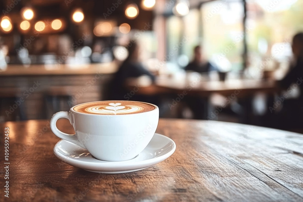 Latte in White Ceramic Cup on Saucer in Cozy Cafe with Warm Lighting and People Latte in White Ceramic Cup on Saucer in Cozy Cafe with Warm Lighting and People