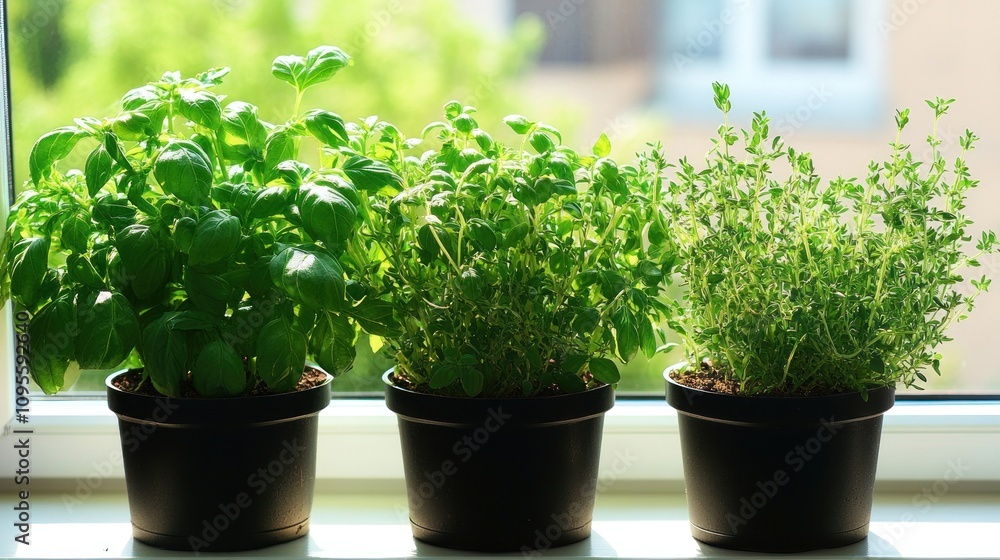 Fototapeta premium Three potted herbs, basil, oregano and thyme, on a windowsill, lit by sunshine.