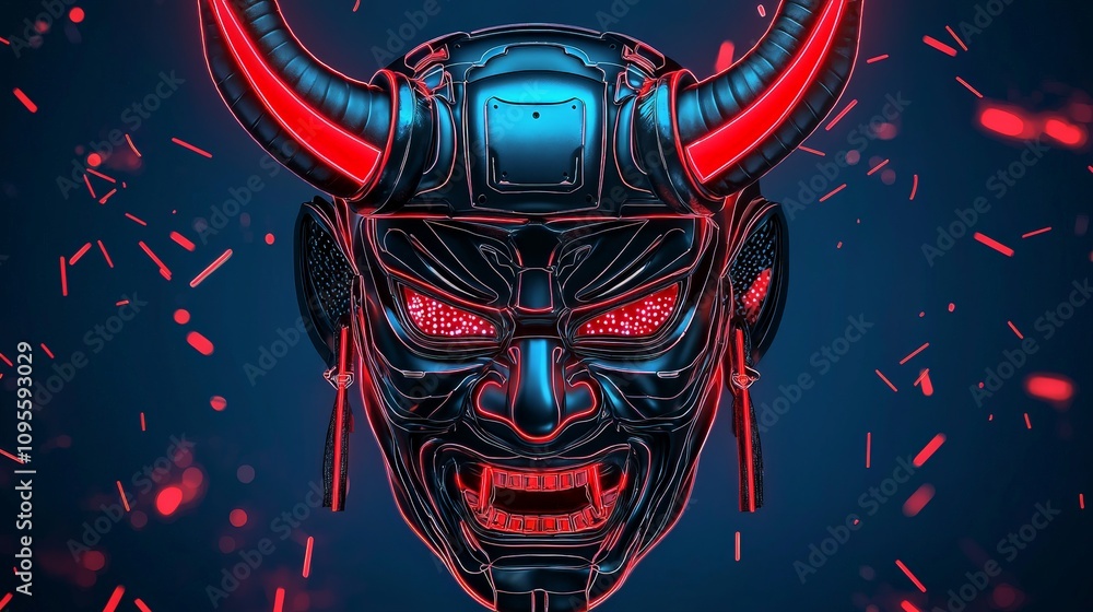 Neon Samurai Mask with Glitching Effects and Sparks Neon Samurai Mask with Glitching Effects and Sparks