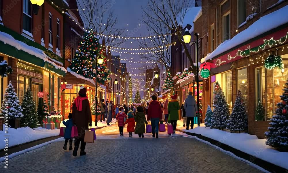 Festive Winter Scene of Families Strolling Through a Charming Snow-Covered Street Adorned with Christmas Lights and Decorations Festive Winter Scene of Families Strolling Through a Charming Snow-Covered Street Adorned with Christmas Lights and Decorations