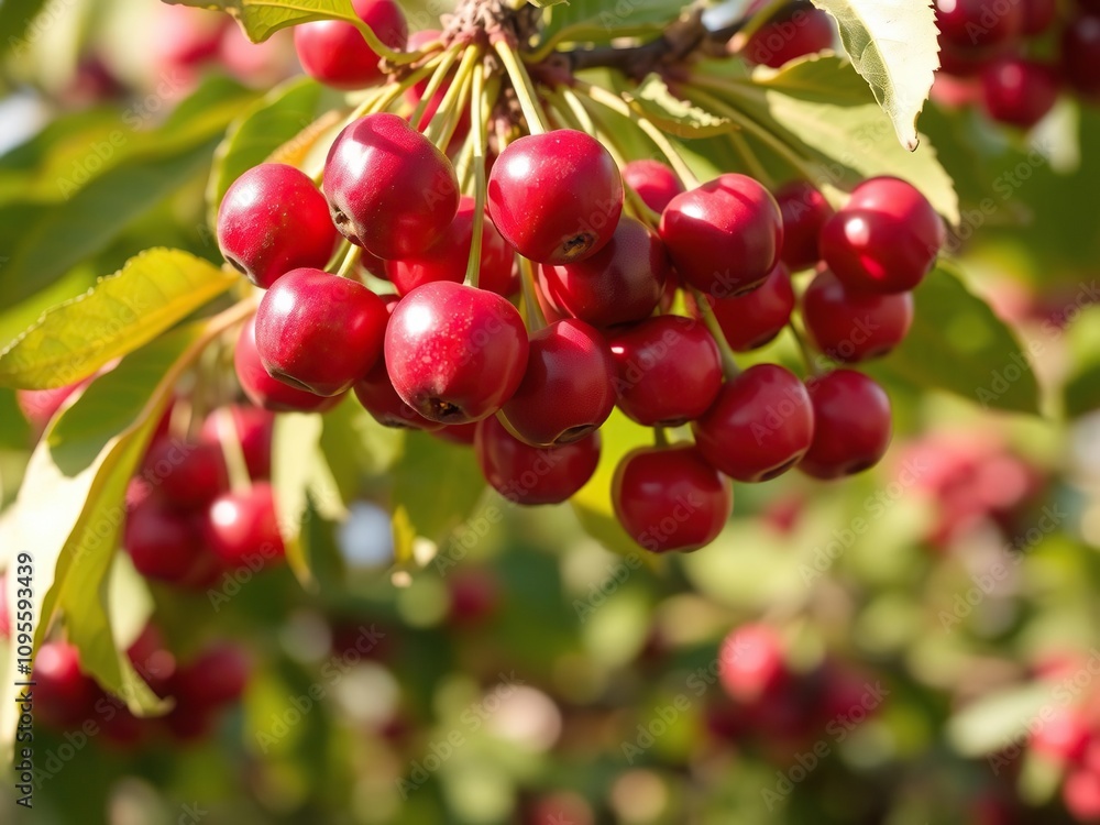 New cherries on the cherry tree branch with sunlight, bright, warm light, new New cherries on the cherry tree branch with sunlight, bright, warm light, new