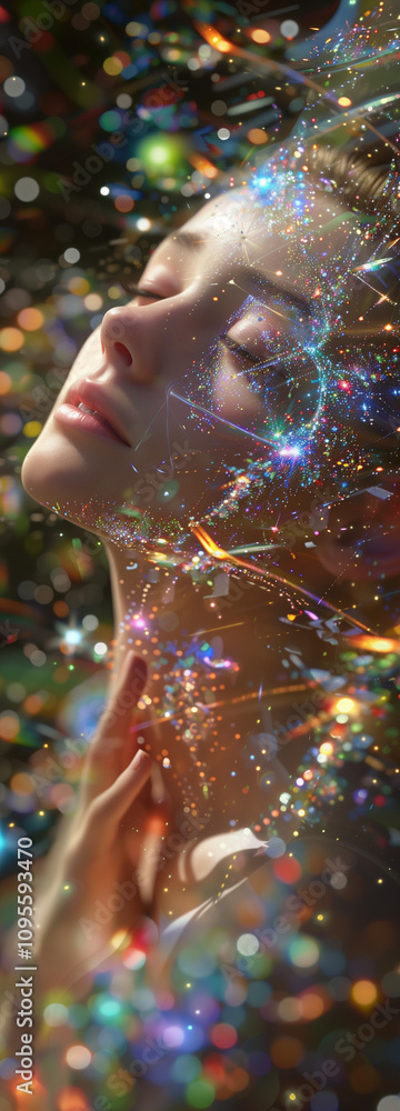 woman encapsulated in shiny spectral refracting sparkles
woman encapsulated in shiny spectral refracting sparkles