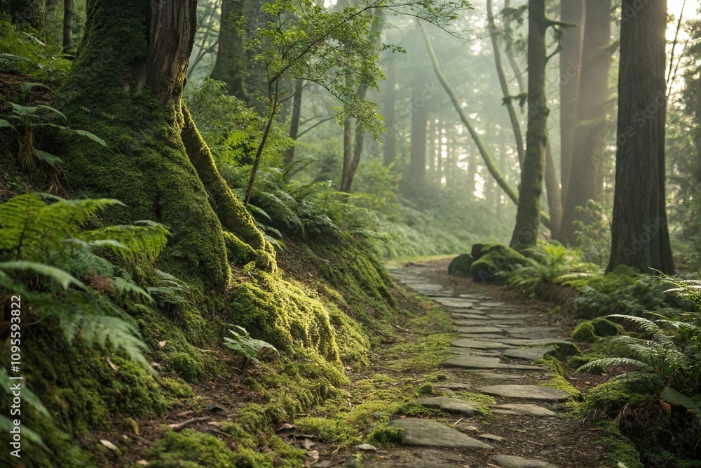 Overgrown forest path with moss and ferns, moss, forest floor, ferns Overgrown forest path with moss and ferns, moss, forest floor, ferns