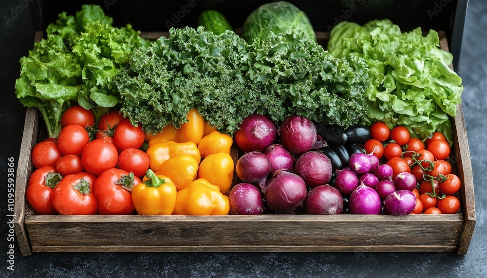 Fresh vegetables in a wooden crate. Perfect for showcasing healthy food, organic produce, or farm-fresh ingredients. Fresh vegetables in a wooden crate. Perfect for showcasing healthy food, organic produce, or farm-fresh ingredients.