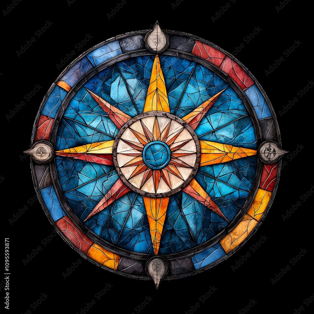 Obraz premium Nautical Stained Glass Compass Rose Design