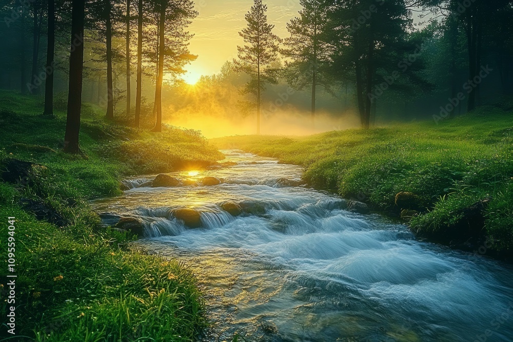 Misty Forest Stream at Sunrise with Sunlit Trees and Gentle Flowing Water Misty Forest Stream at Sunrise with Sunlit Trees and Gentle Flowing Water