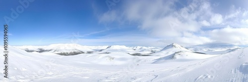 Panoramic view of a snowy landscape, serene backdrop, peaceful scenery, cold weather