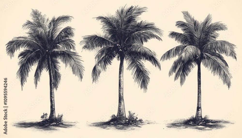 Hand-drawn sketch of three palm trees. Perfect for tropical, summer, or vacation designs. Hand-drawn sketch of three palm trees. Perfect for tropical, summer, or vacation designs.