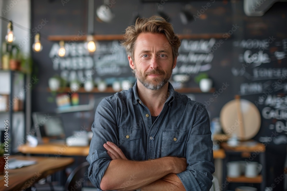 Man standing in a restaurant with his arms crossed, portrait Man standing in a restaurant with his arms crossed, portrait