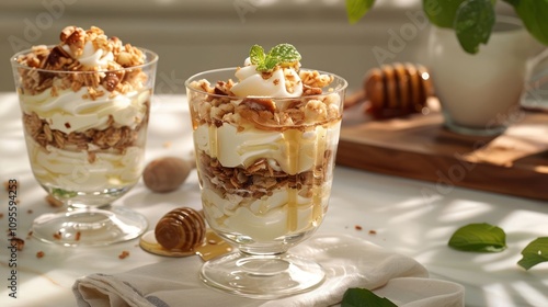 Two glasses of yogurt parfait with granola, honey, and whipped cream.