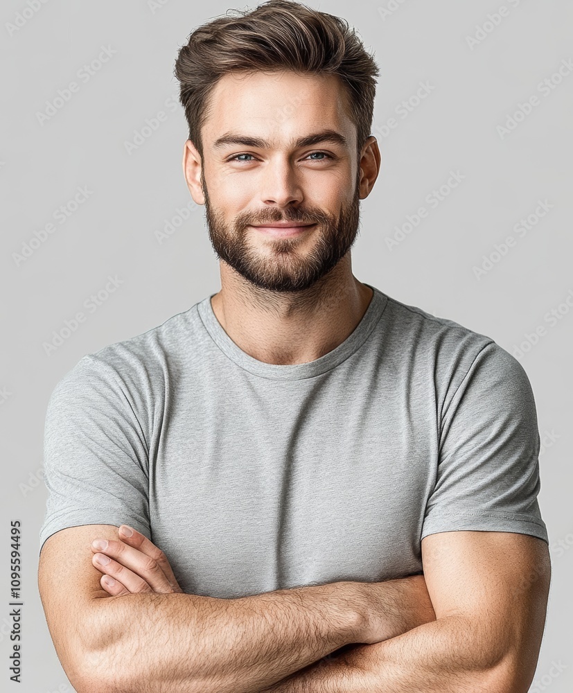 Fototapeta premium Handsome Smiling Man with Neatly Trimmed Beard and Short Hair in Light Gray T-Shirt Standing with Arms Crossed