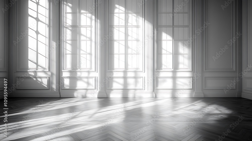 white empty room with shadow window and green plant on white wall luxury background and wooden floor white empty room with shadow window and green plant on white wall luxury background and wooden floor