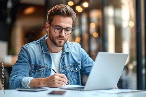 Young Caucasian Man with Glasses Doing Paperwork at Modern Office Desk