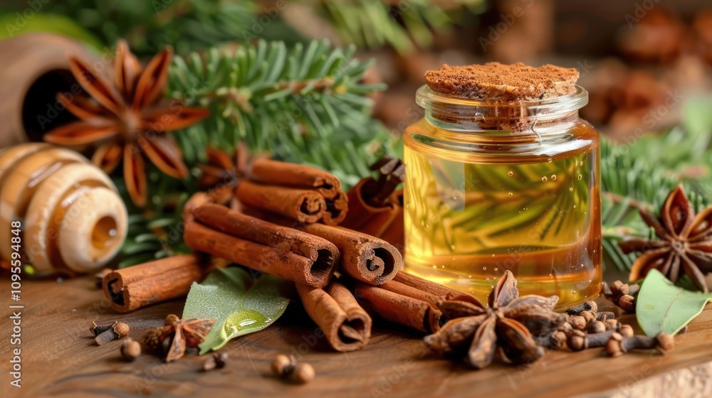 A glass jar filled with golden liquid, surrounded by cinnamon sticks, star anise, bay leaves, and a honeycomb. A glass jar filled with golden liquid, surrounded by cinnamon sticks, star anise, bay leaves, and a honeycomb.
