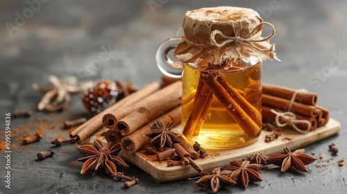 Cinnamon sticks and star anise in a glass jar with honey on a rustic table. photo