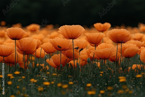 Orange poppies bloom in field. This image is great for any project that needs a bright and cheerful nature background. photo