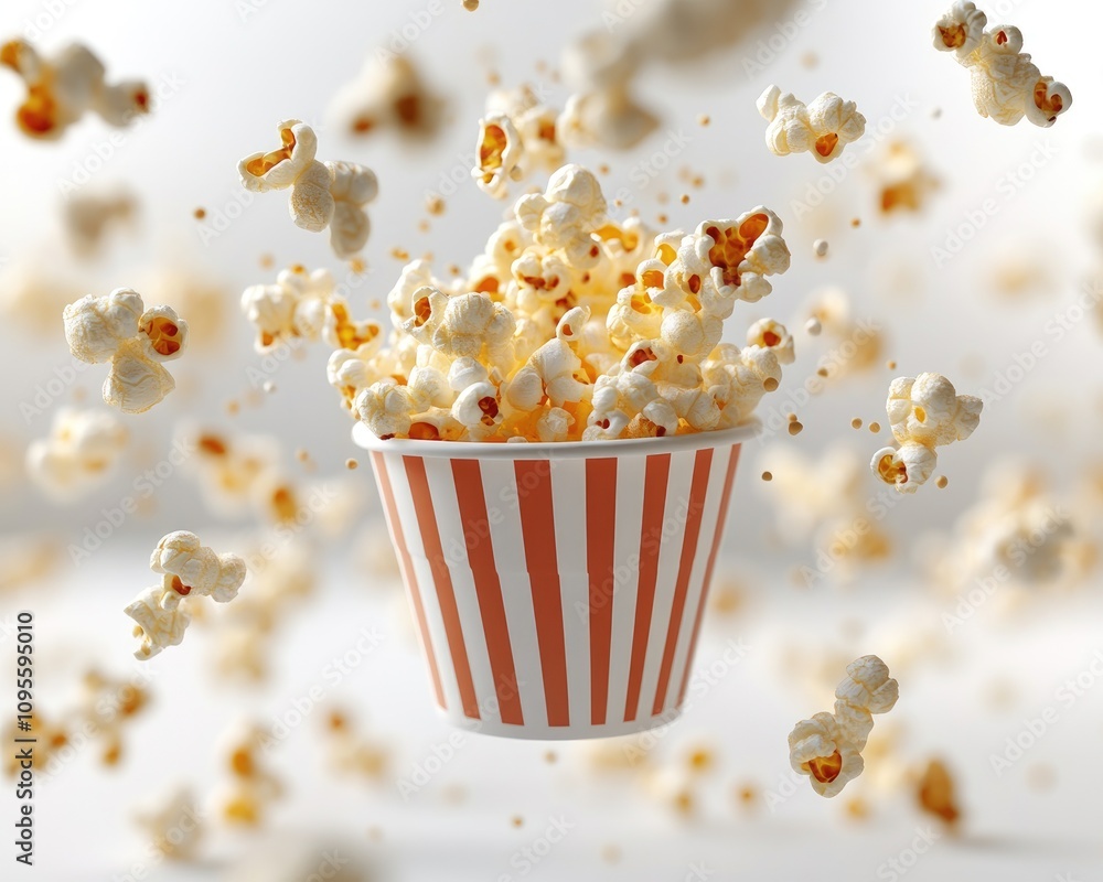 Popcorn flying out of a striped bucket. Perfect for movie nights, snacking, or food photography. Popcorn flying out of a striped bucket. Perfect for movie nights, snacking, or food photography.