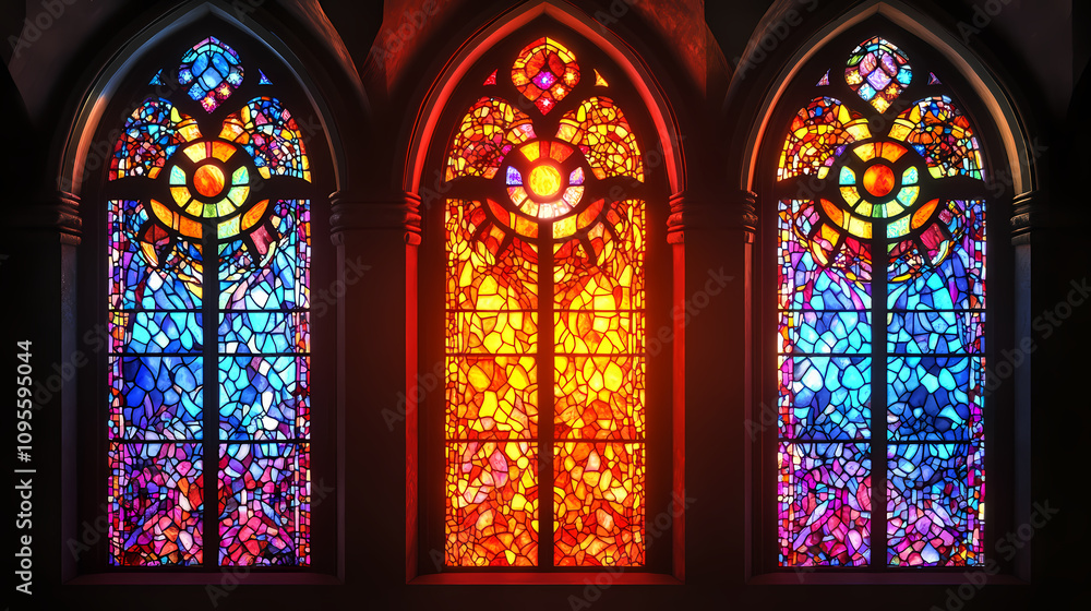 Fototapeta premium Stained glass window in church. Stained Glass Cathedral. Illustration