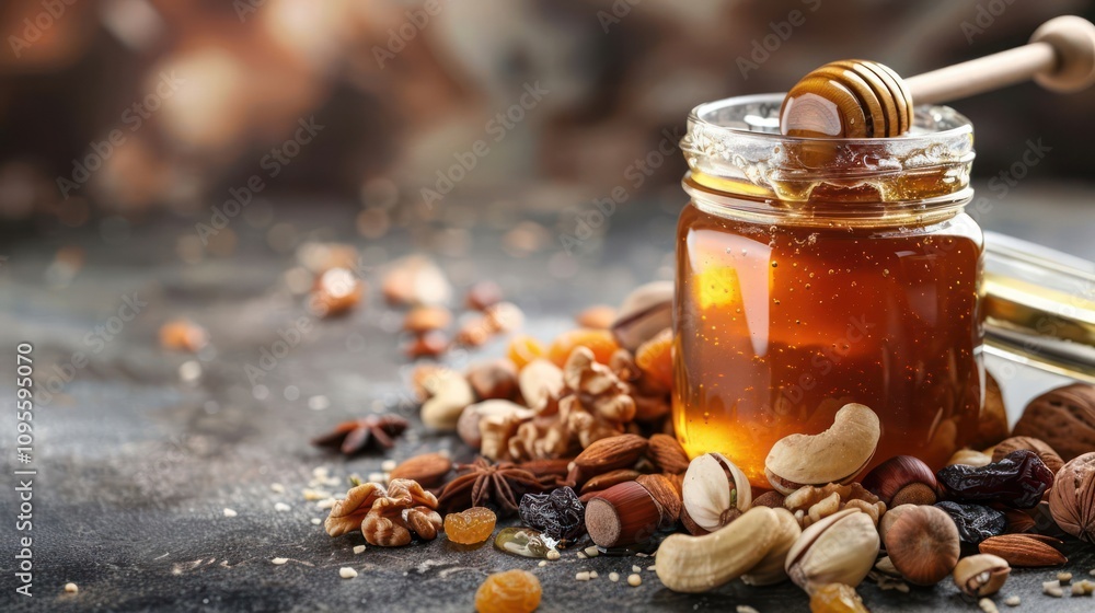 Honey and nuts in a jar on a rustic table with a blurred background. Honey and nuts in a jar on a rustic table with a blurred background.